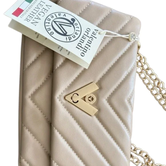 Buy Valentino Orlandi Cream Flapover V Logo Vegan Leather  Valentino Orlandi Cream Quilted Satchel with Gold Hardware display picture 1